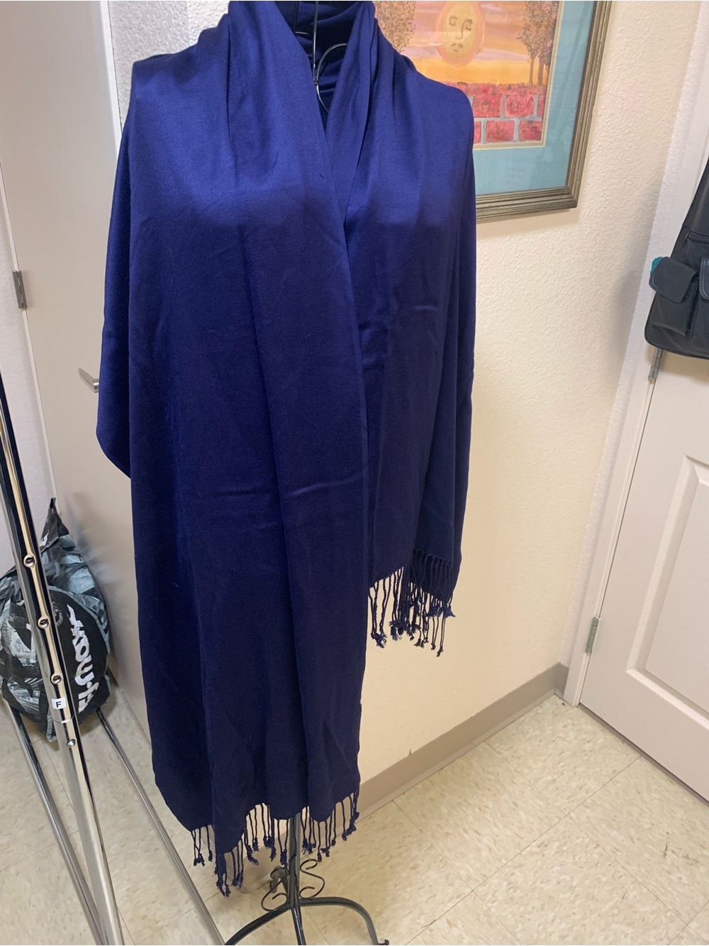 Women's Navy Fringe Wrap Coat - Classic Shawl-Style Jacket